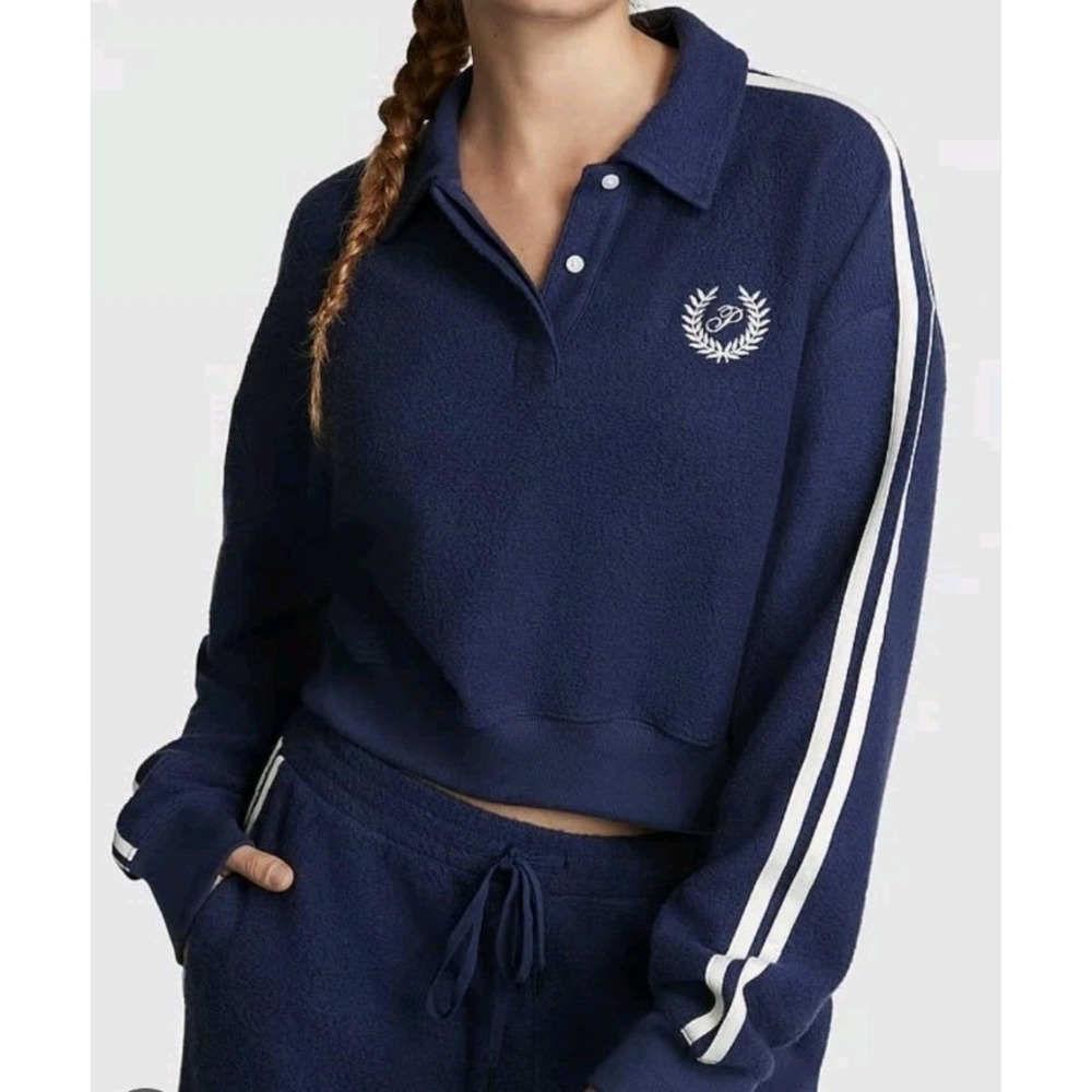 Victoria's Secret REVERSE FLEECE PINK REVERSE FLEECE CROPPED Pullover Blue Sz Lg